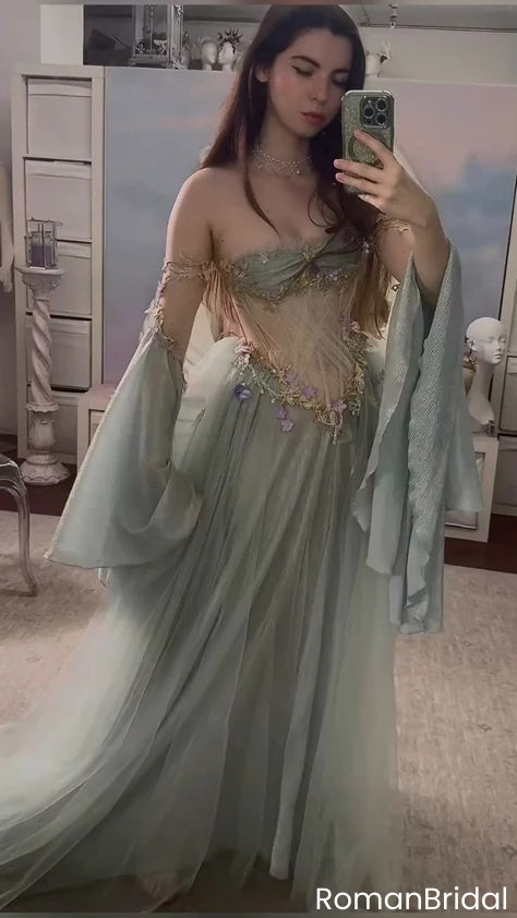 Ethereal Sage Green Fairy Prom Dress Off-Shoulder Corset Tulle Evening Gown,OLP2022