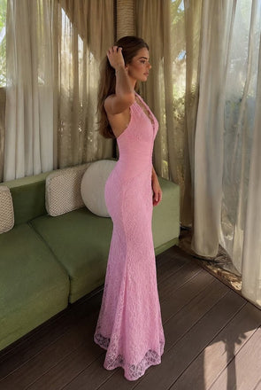Elegant Pink Lace Mermaid Prom Dress Halter Deep V Neck Sleeveless Floor Length Sexy Gown,OLP2361