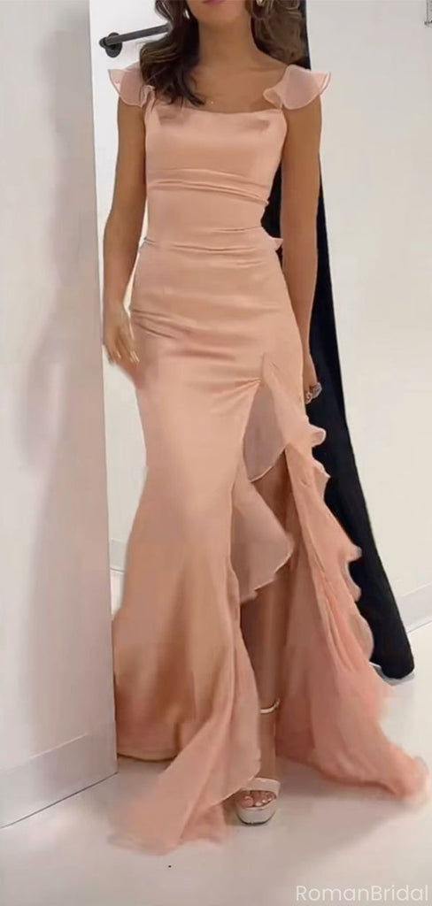 Elegant Pink Spaghetti Strap Mermaid Side Slit Long Prom Dress Ideas, Evening Party Dresses, OLP1470