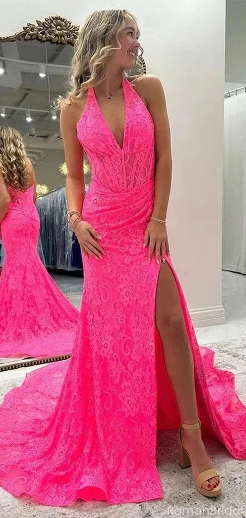 Unique Pink Lace Prom Gown with Sexy High Slit Halter V-Neck Sleeveless Mermaid Dress,OLP1743