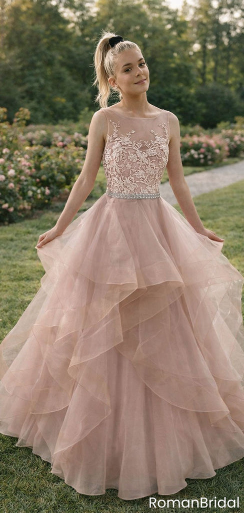 Classy Blush Pink Tulle Ball Gown Prom Dress with Floral Lace,OLP1864