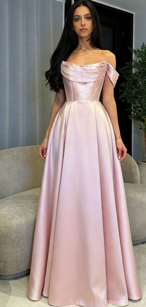 Classy Off-Shoulder Satin Prom Dress A-Line Floor Length Evening Gown,OLP1816