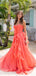 Stunning Coral Strapless Ruffle Prom Gown with Bow Detail and Flowing Chiffon Floor Length,OLP1758