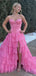 Sexy Strapless Pink Ruffled Prom Dress Tiered Tulle Corset Ball Gown with Slit,OLP1846
