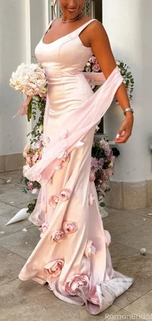 Elegant Pink Spaghetti Strap Mermaid Floral Long Prom Dress Ideas, Evening Party Dresses, OLP1396