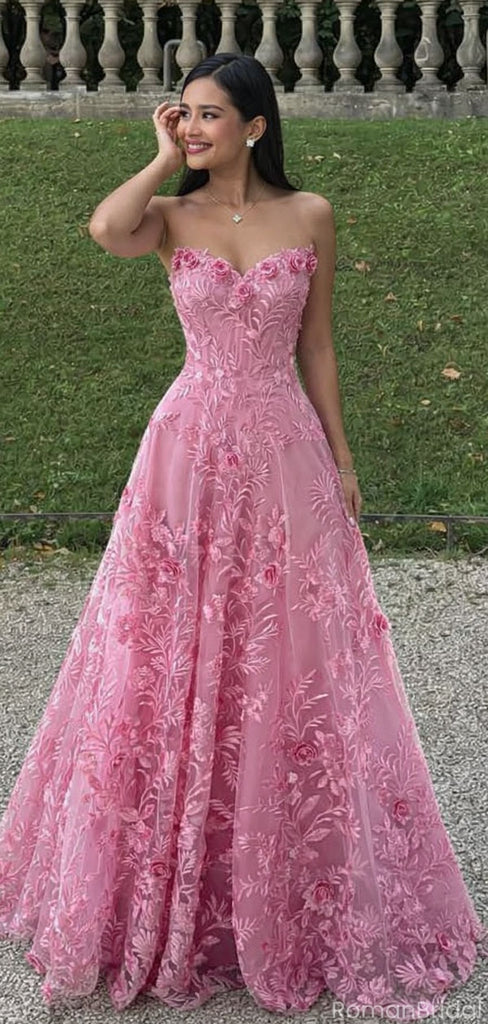Elegant Strapless Pink Lace Prom Dress with 3D Floral Appliques,OLP1793