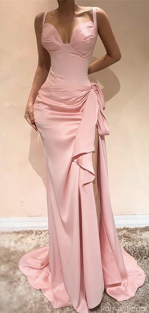 Sexy Sweetheart Neck Ruched Pink Silk Prom Dress with Slit, OLP1709