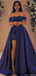 Elegant Navy Blue Off-Shoulder A-Line Long Prom Dress Ideas, Evening Party Dresses, OLP1622