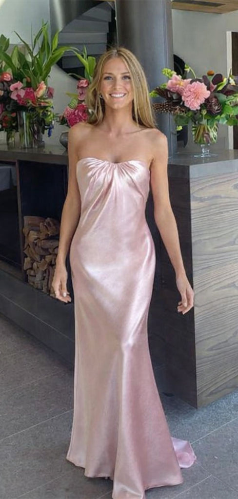 Elegant Pink Strapless Satin Prom Gown Sleeveless Floor Length Mermaid Formal Dress,OLP1872