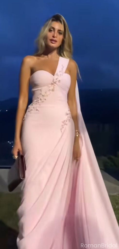 Elegant Pink One-Shoulder Mermaid Long Prom Dress Ideas, Evening Party Dresses, OLP1478