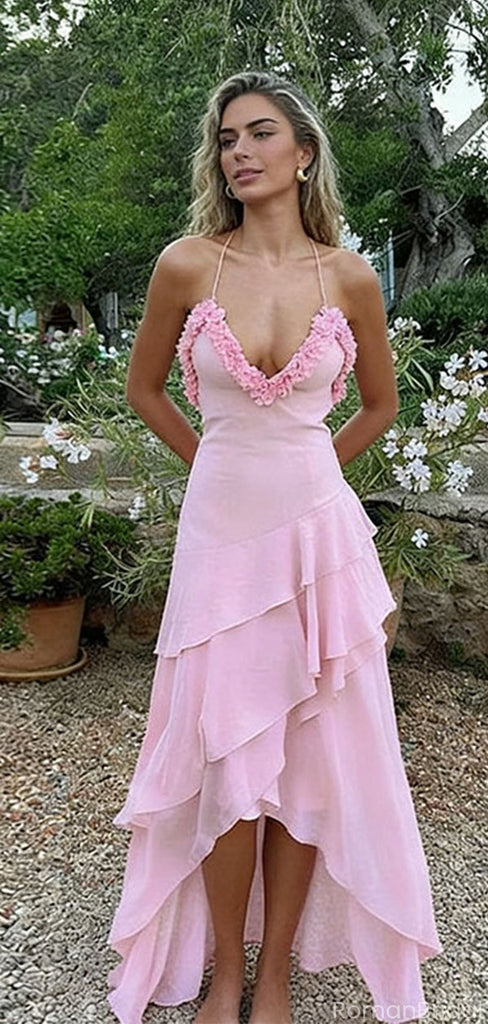Sexy V-Neck Ruffled Pink Prom Dress Unique Halter High Low Asymmetrical Gown,OLP1823