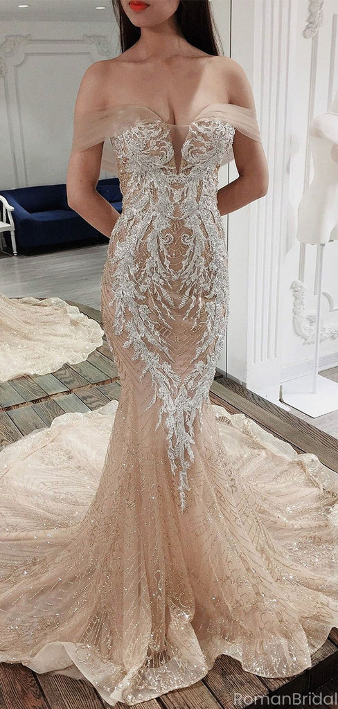 Sexy Champagne Off-Shoulder Mermaid Long Prom Dress Ideas, Evening Party Dresses, OLP1514