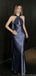 Elegant Navy Satin Halter Neck Prom Dress Sexy Backless Floor Length Formal Gown,OLP1747