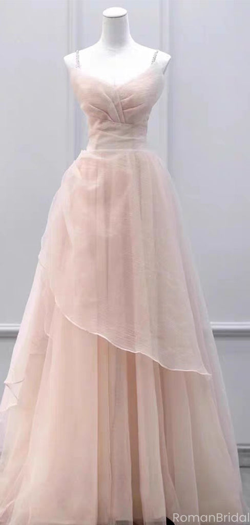 Elegant Pink Spaghetti Strap A-Line Long Prom Dress Ideas, Evening Party Dresses, OLP1443