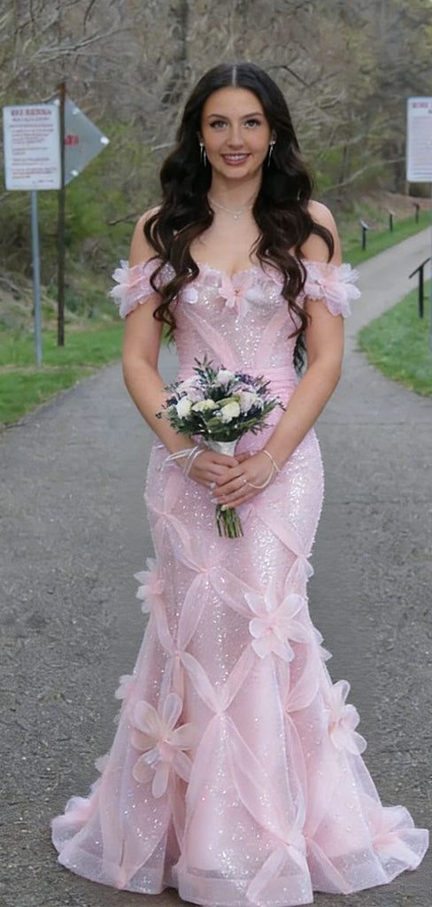 Glamorous Off-the-Shoulder Pink Sequin Mermaid Prom Dress with 3D Floral Accents,OLP1882