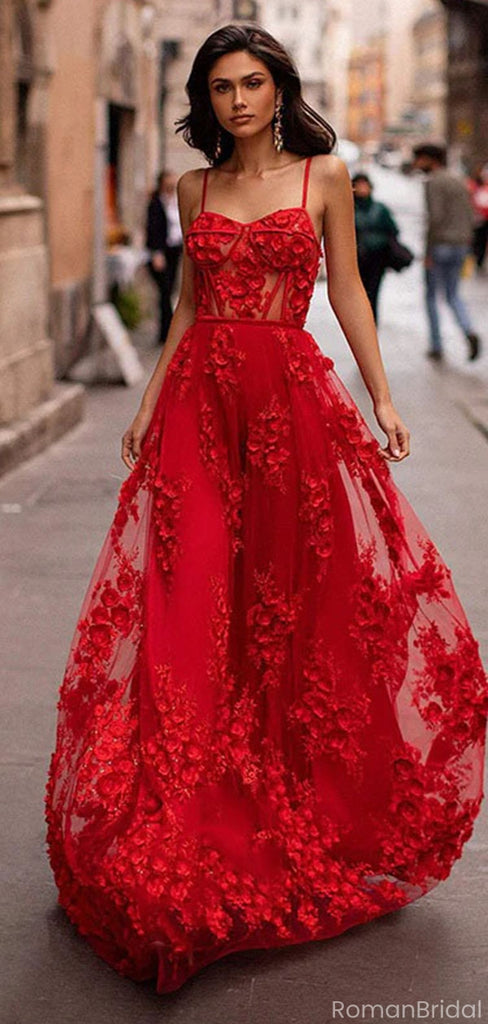 Red Appliques Tulle Spaghetti Strap See Through Evening Party Long Prom Dresses,OLP1725