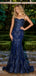 Elegant Mermaid Dark Blue Prom Dress Glitter Applique Spaghetti Strap Formals,OLP1764
