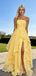 Elegant Strapless Yellow Chiffon Prom Dress Ruffle Layers High Slit Gown,OLP1776