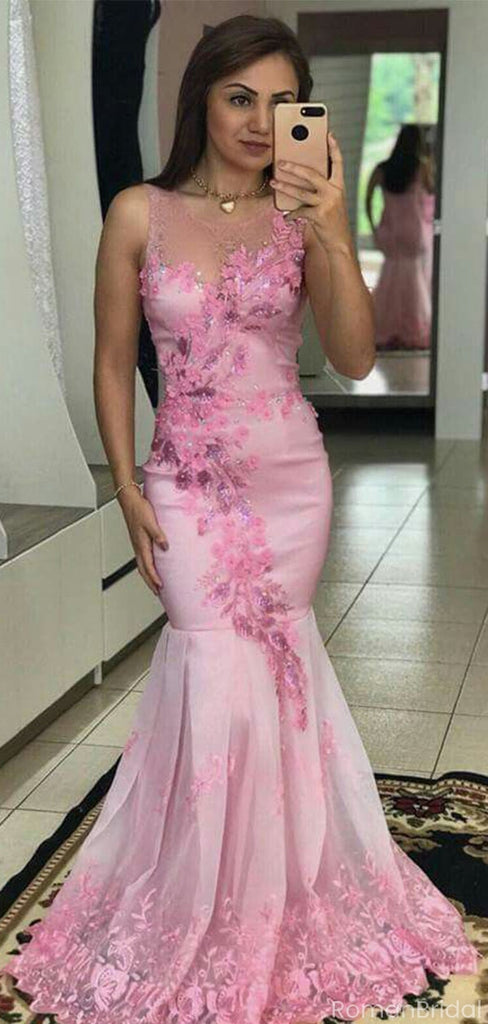 Unique Floral Pink Halter Mermaid Long Prom Dress Ideas, Evening Party Dresses, OLP1526