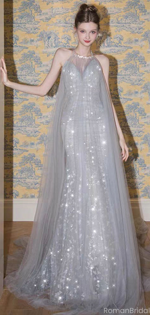 Shiny Silver Halter A-Line Long Prom Dress Ideas, Evening Party Dresses, OLP1370