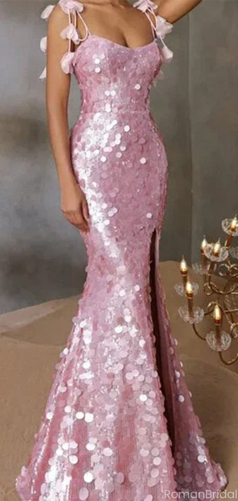Sparkly Pink Spaghetti Strap Mermaid Long Prom Dress Ideas, Evening Party Dresses, OLP1545