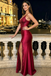 Sexy Burgundy V-Neck Satin Prom Dress Beaded Side Slit Mermaid Evening Gown,OLP2237