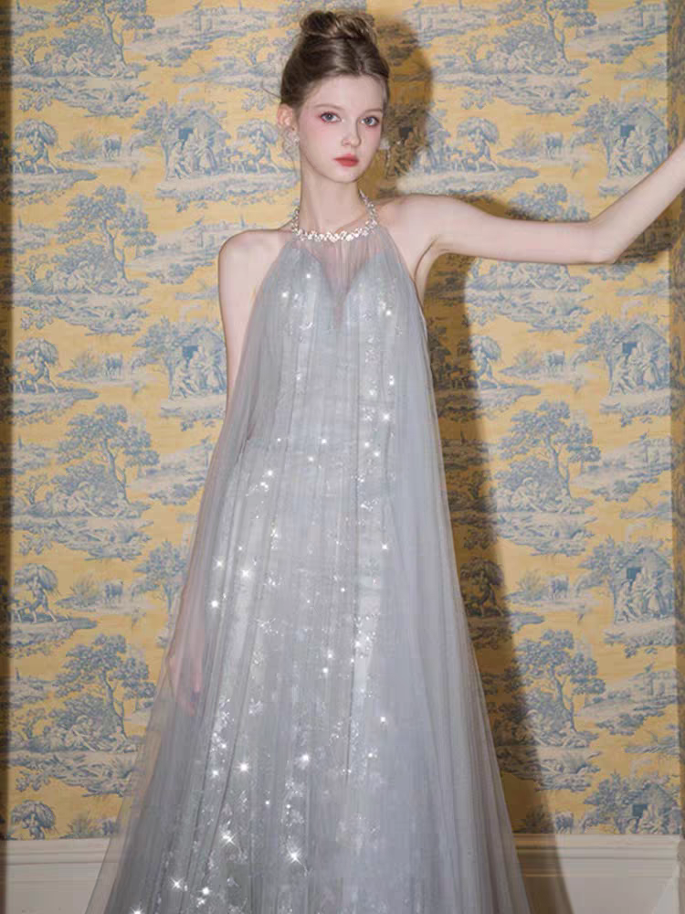 Shiny Silver Halter A-Line Long Prom Dress Ideas, Evening Party Dresses, OLP1370