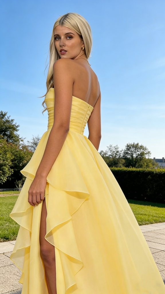 Elegant Strapless Yellow Chiffon Prom Dress Ruffle Layers High Slit Gown,OLP1776