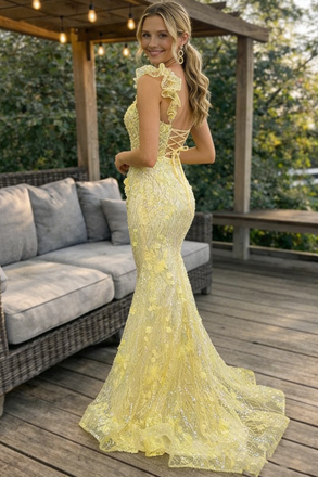 Elegant Mermaid Yellow Prom Dress 3D Floral Appliques Sweetheart Neckline,OLP2063