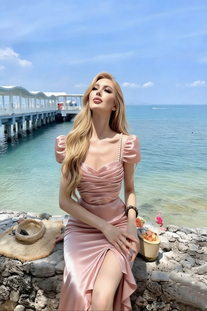 Sexy Pink Satin Mermaid Prom Dress with Slit Puff Sleeves,OLP2096