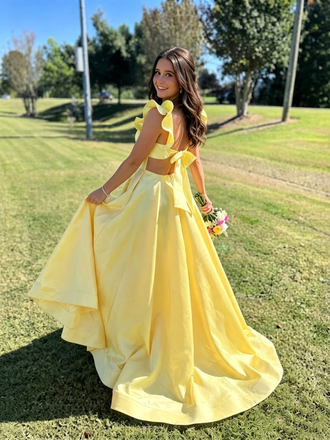 Pretty Yellow Square Neck Ruffle Sleeves Long Prom Dress,Evening Party Dress,OLP2359
