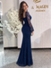 Pretty Navy Blue Lace One Shoulder Long Sleeve Mermaid Prom Dress,OLP250