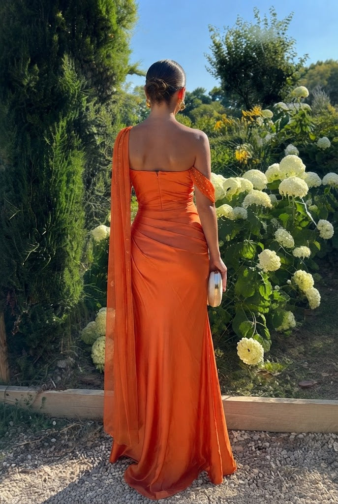 Stunning Burnt Orange One Shoulder Sleeveless Mermaid Long Satin Prom Dress ,OLP2396