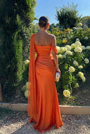 Stunning Burnt Orange One Shoulder Sleeveless Mermaid Long Satin Prom Dress ,OLP2396