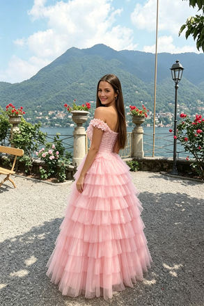 Elegant Pink Off-The-Shoulder Tulle Ruffle A-Line Prom Dress,OLP2202