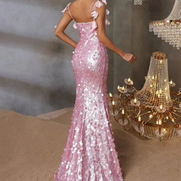 Sparkly Pink Spaghetti Strap Mermaid Long Prom Dress Ideas, Evening Party Dresses, OLP1545