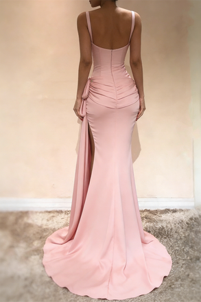 Sexy Sweetheart Neck Ruched Pink Silk Prom Dress with Slit, OLP1709