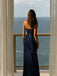 Elegant Navy Blue Strapless Prom Dress Ruched Mermaid Evening Gown,OLP1801