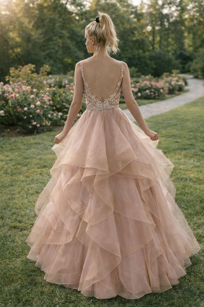Classy Blush Pink Tulle Ball Gown Prom Dress with Floral Lace,OLP1864