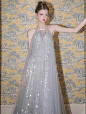 Shiny Silver Halter A-Line Long Prom Dress Ideas, Evening Party Dresses, OLP1370