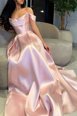Classy Off-Shoulder Satin Prom Dress A-Line Floor Length Evening Gown,OLP1816