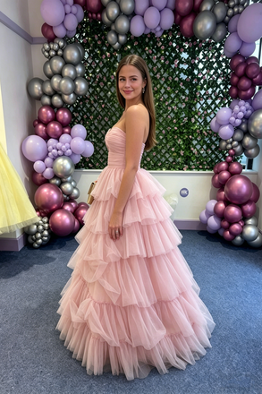 Active Pink Strapless Sweetheart A-Line Tiered Tulle Floor-Length Prom Dress,OLP2206