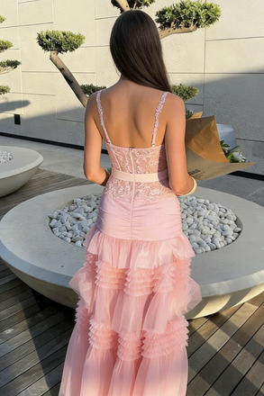 Pretty Pink Tiered Ruffle Tulle Prom Dress Lace Bodice Sleeveless Maxi Gown,OLP2145