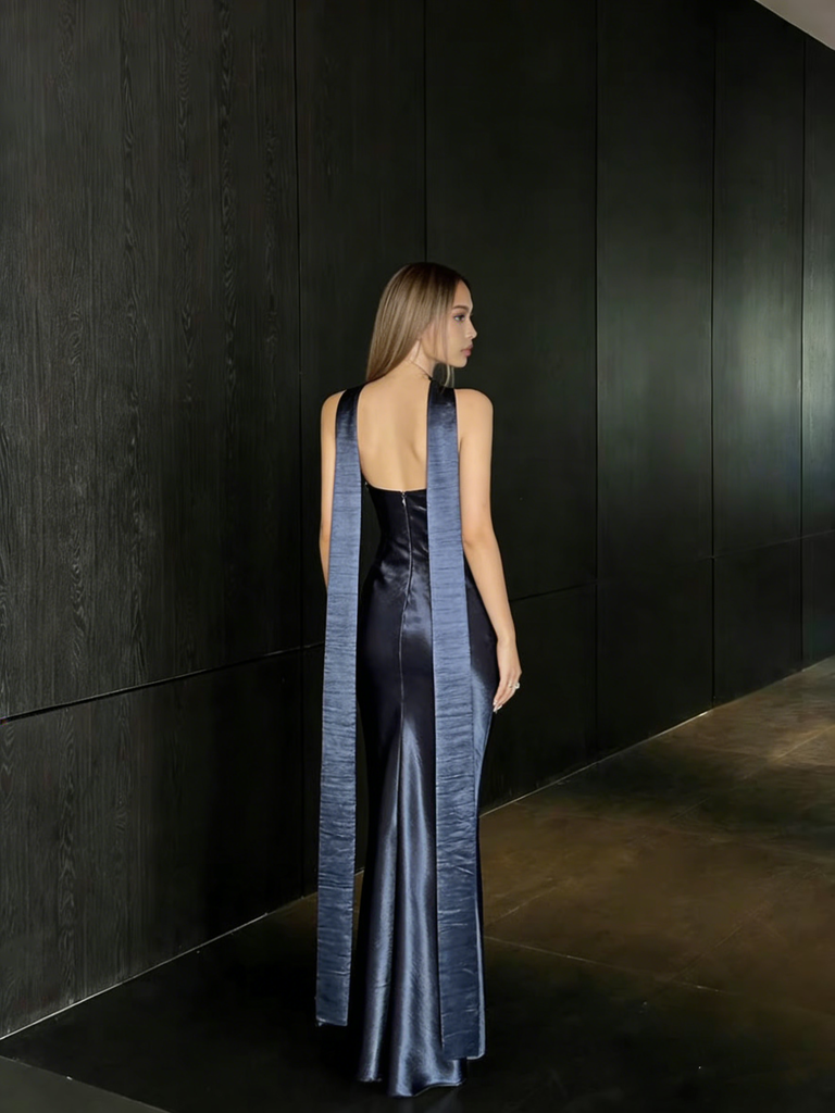 Elegant Navy Satin Halter Neck Prom Dress Sexy Backless Floor Length Formal Gown,OLP1747