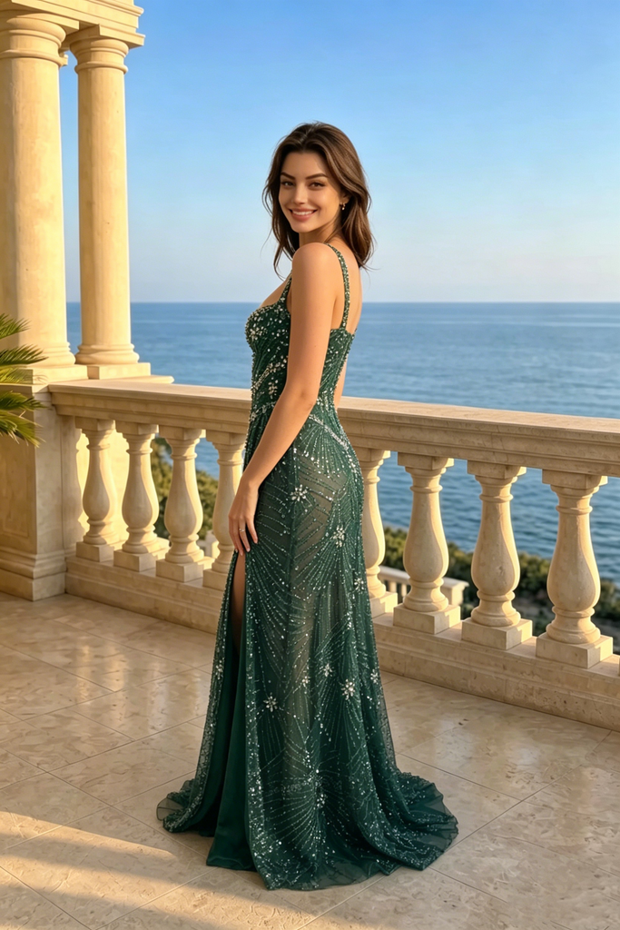 Sexy Emerald Green Sweetheart Sleeveless Slit Evening Gown Beaded Mesh Long Prom Dress,OLP2268