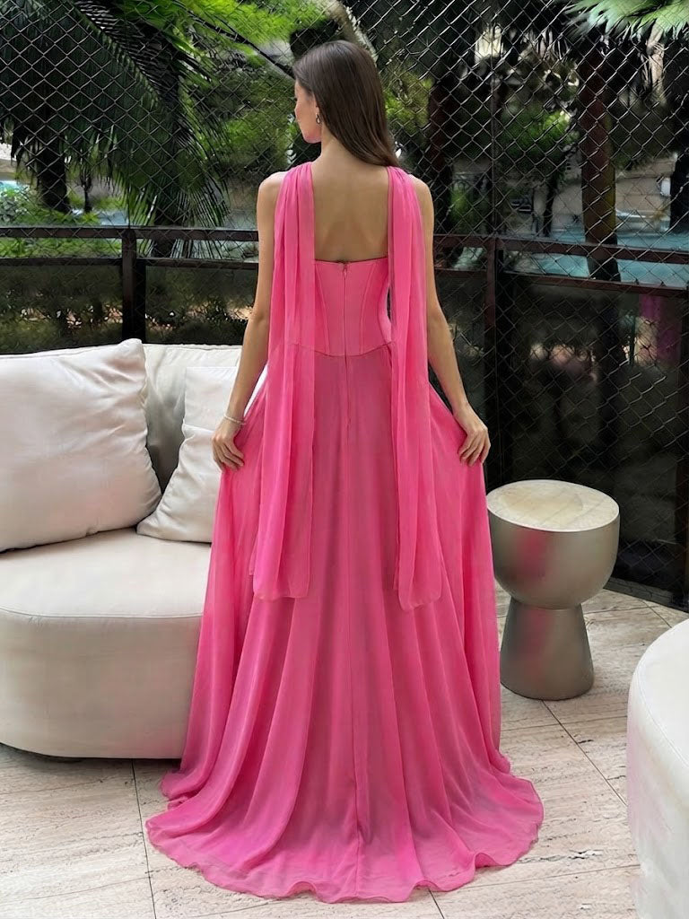 Modern Hot Pink Corset Prom Dress Strapless Sweetheart Long Chiffon Gown,OLP2386
