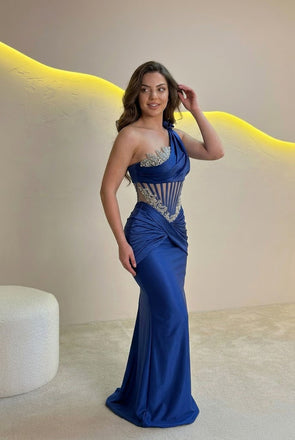 Modern Royal Blue Satin Mermaid Gown Unique Corset Bodice Prom Dress,OLP2332