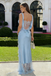 Sexy Ice Blue Satin Prom Dress Cowl Neck Lace Trim High Slit Gown,OLP1947