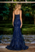 Elegant Mermaid Dark Blue Prom Dress Glitter Applique Spaghetti Strap Formals,OLP1764