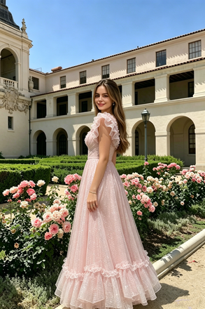 Beautiful Sparkly Pink Lace A-Line Ruffled Sleeves Long Prom Dress,OLP2211
